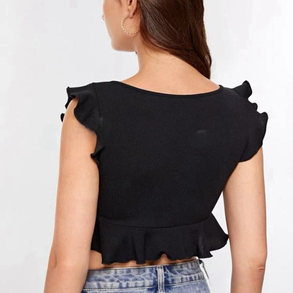 Black V Neck Flutter Sleeve Crop Top
