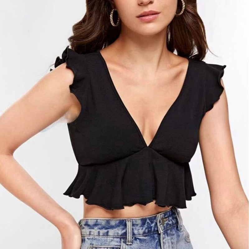 Black V Neck Flutter Sleeve Crop Top