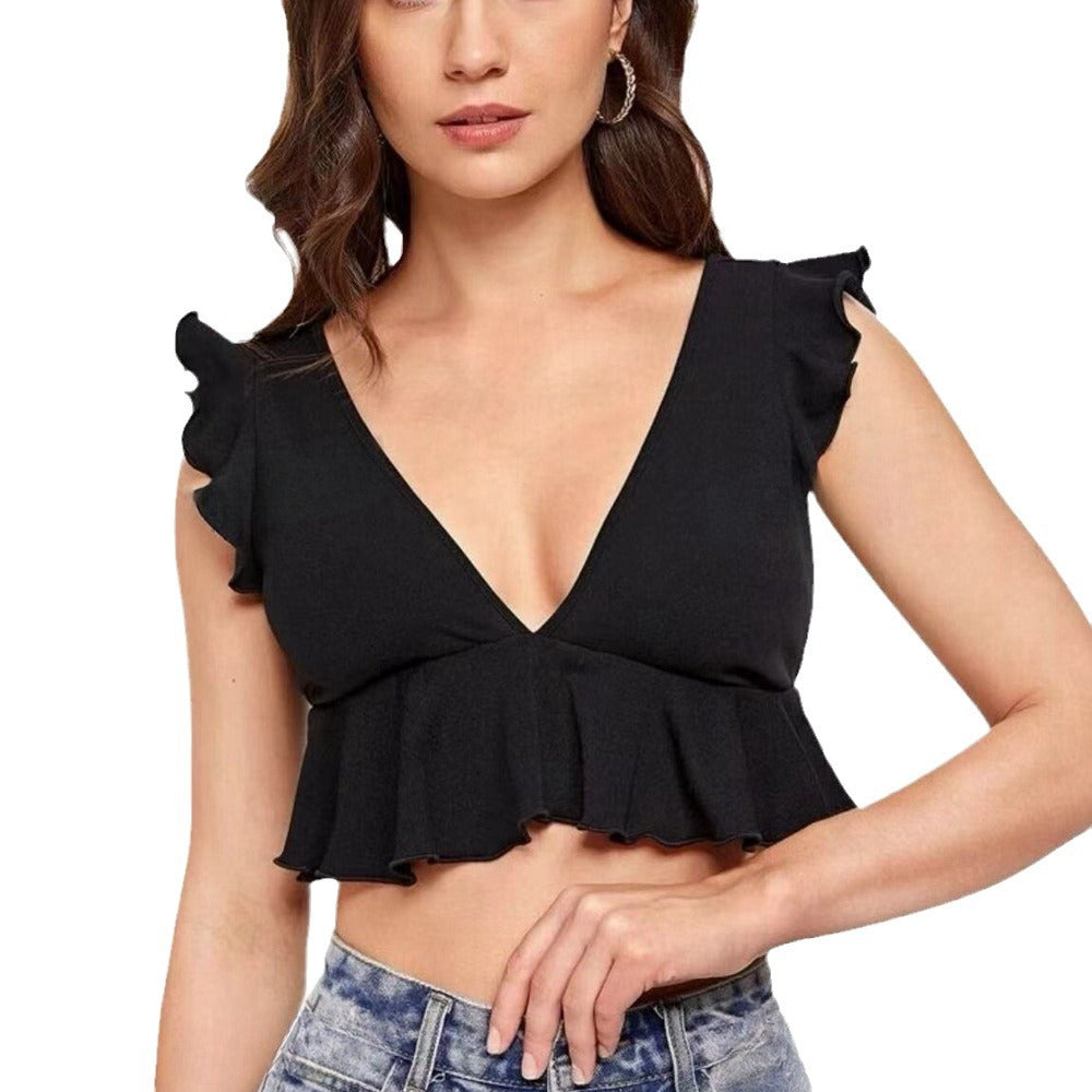 Black V Neck Flutter Sleeve Crop Top