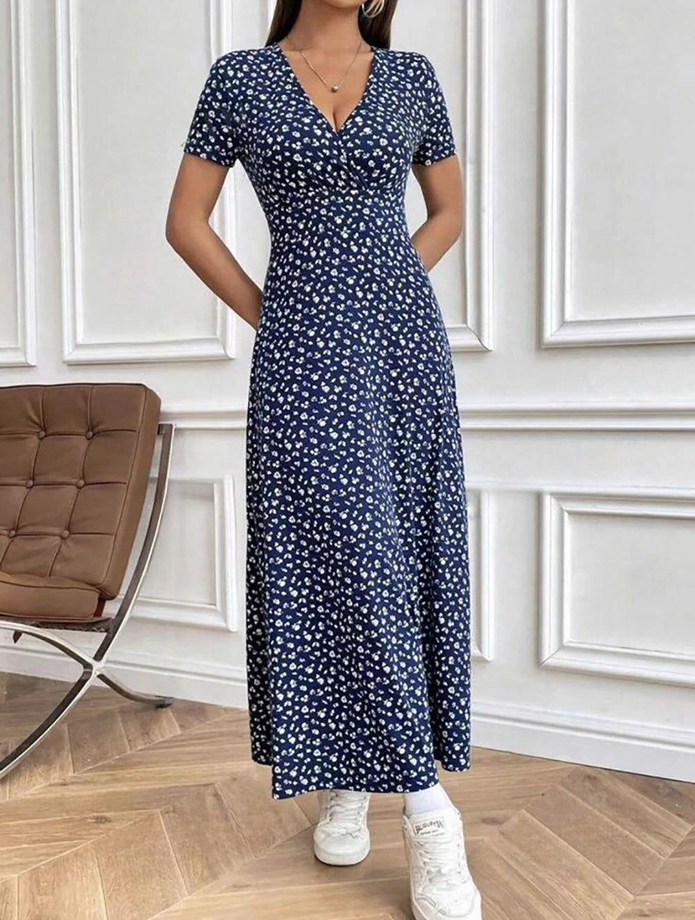 Floral Printed Fit & Flare V-Neck Midi Dress