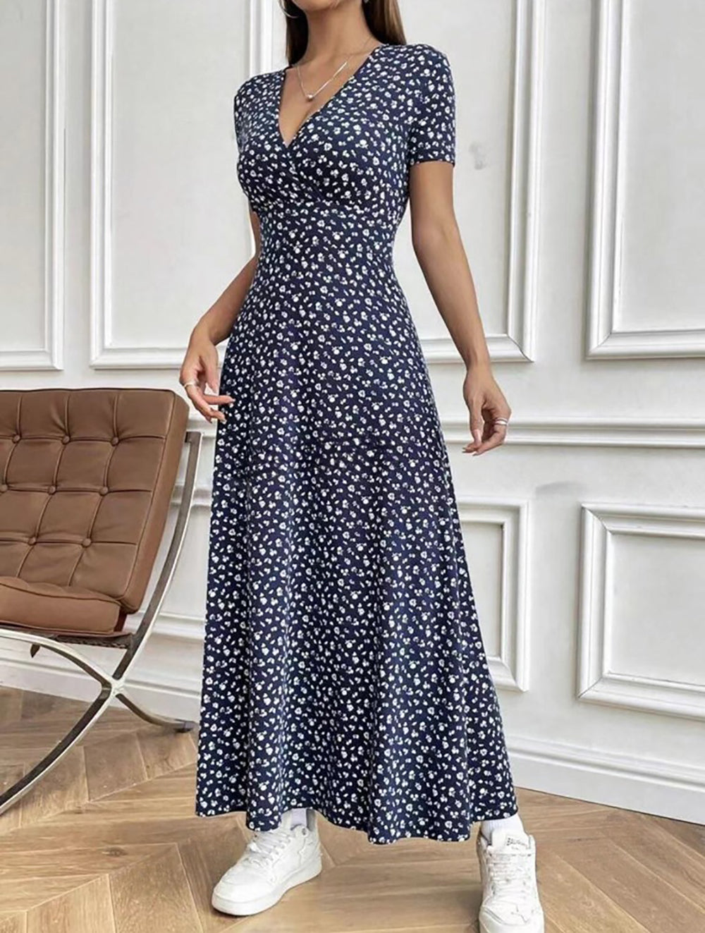 Floral Printed Fit & Flare V-Neck Midi Dress