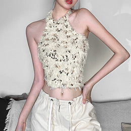 Beige Halter Neck Embellished Crop Top