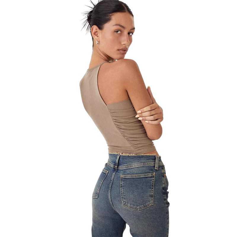 Khaki Halter Neck Regular Crop Top