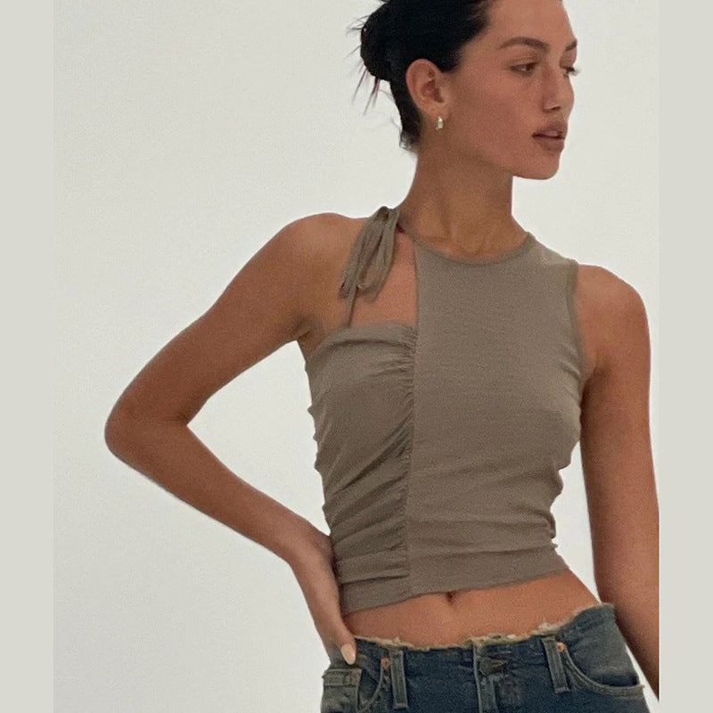 Khaki Halter Neck Regular Crop Top