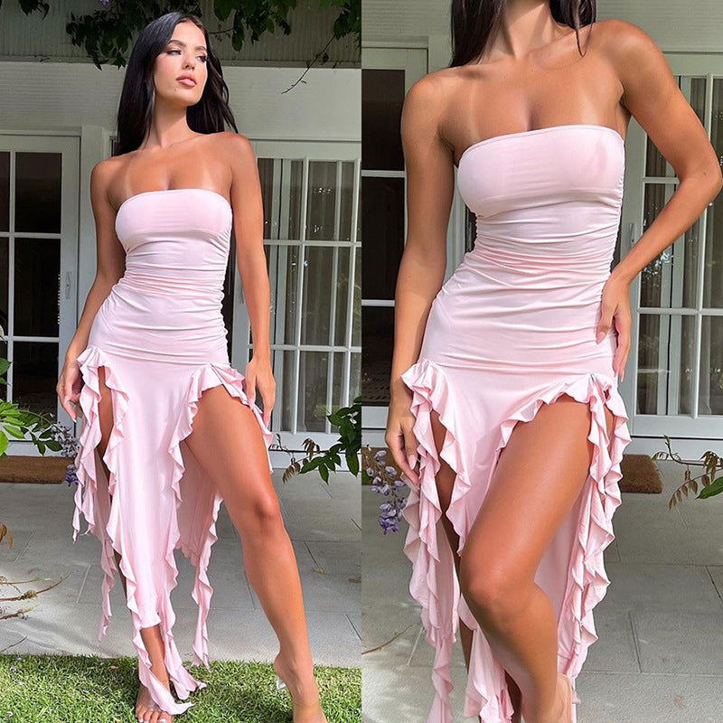 Pink Ruffled Fit & Flare Maxi Dress