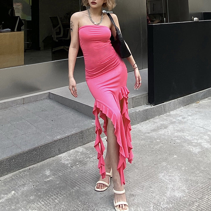 Fuchsia Strapless Ruffled Detail Sheath Dress