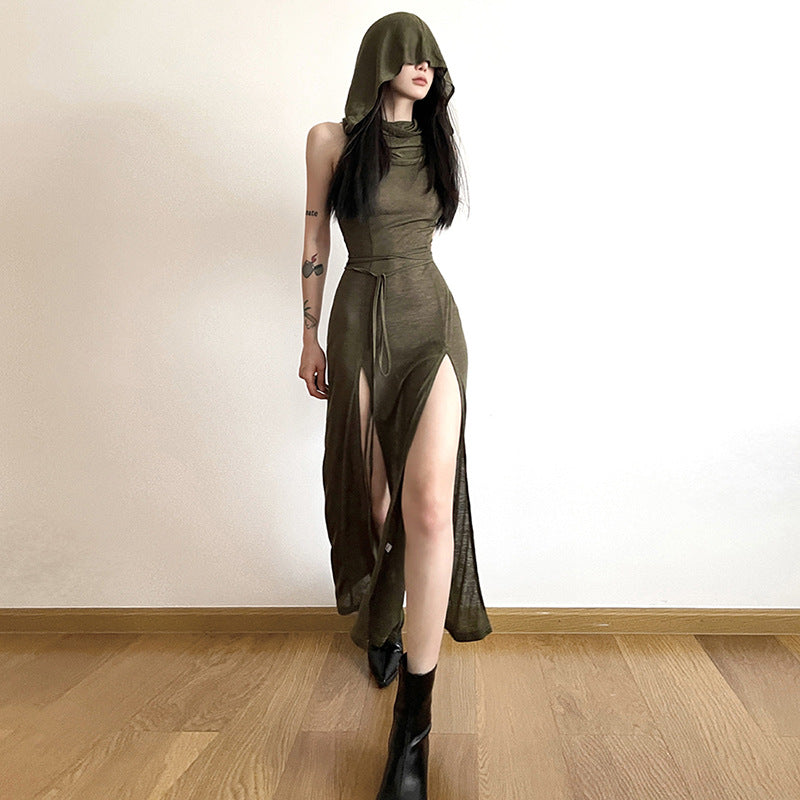 Olive Green Hooded Cut-Out A-Line Midi Dress