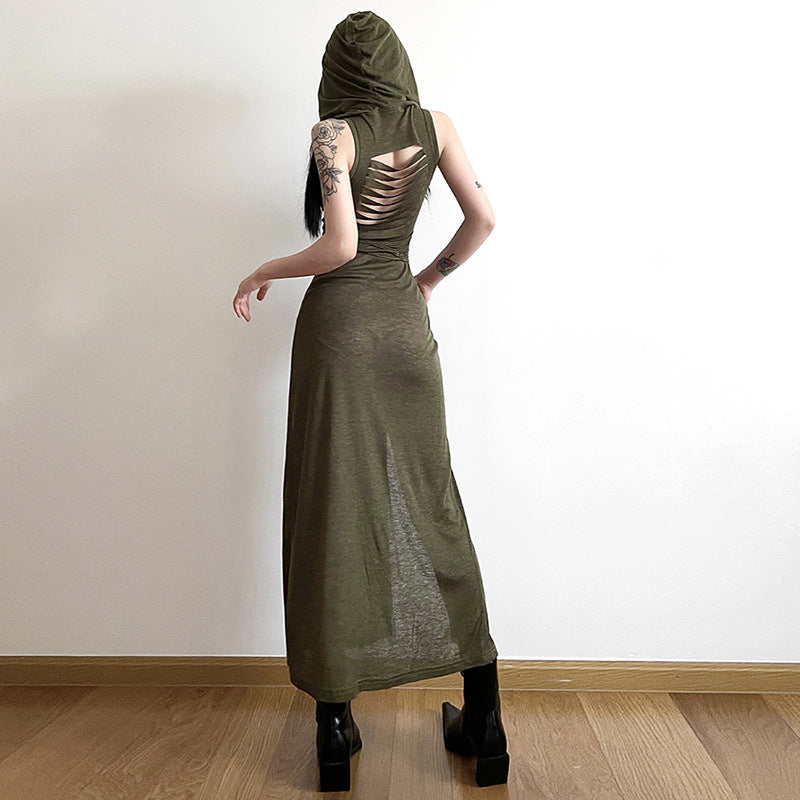 Olive Green Hooded Cut-Out A-Line Midi Dress