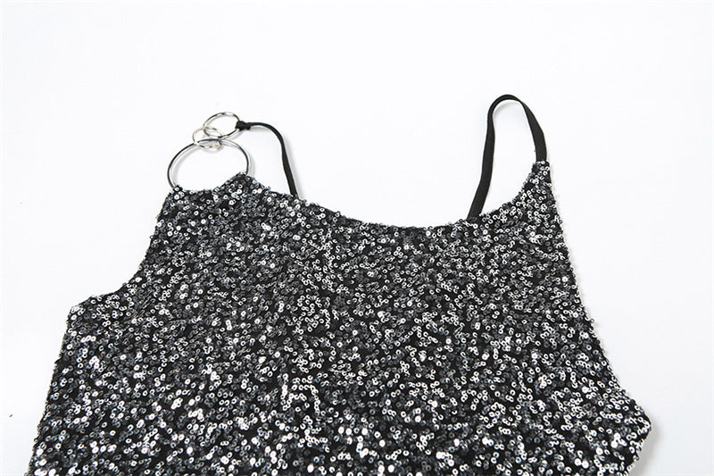 Silver-Toned Embellished One Shoulder Mini Dress