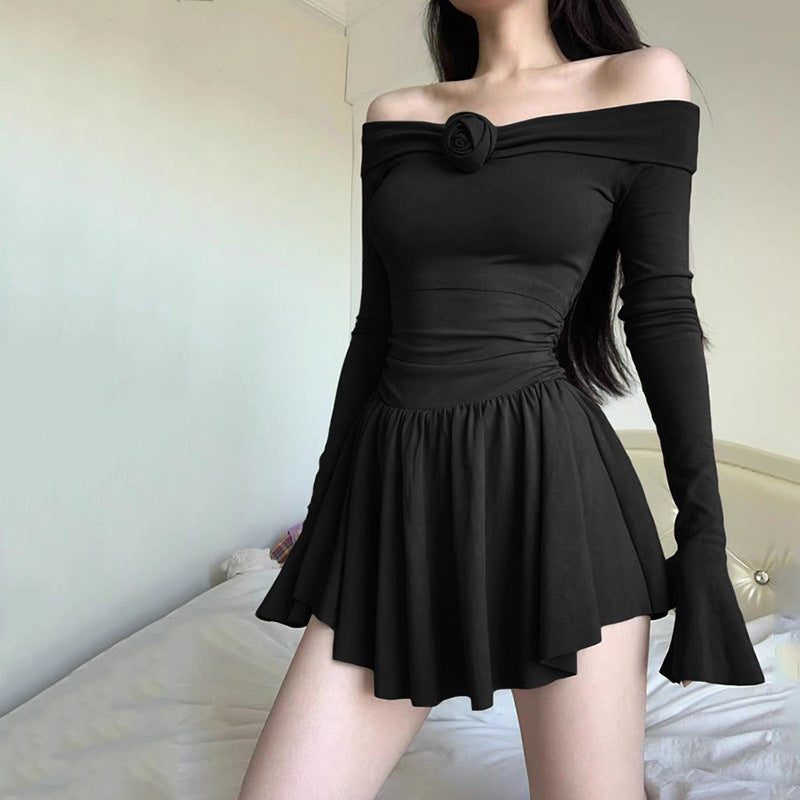 Black Off-Shoulder Bell Sleeve Ruffled Fit & Flare Mini Dress