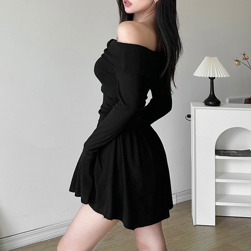 Black Off-Shoulder Bell Sleeve Ruffled Fit & Flare Mini Dress
