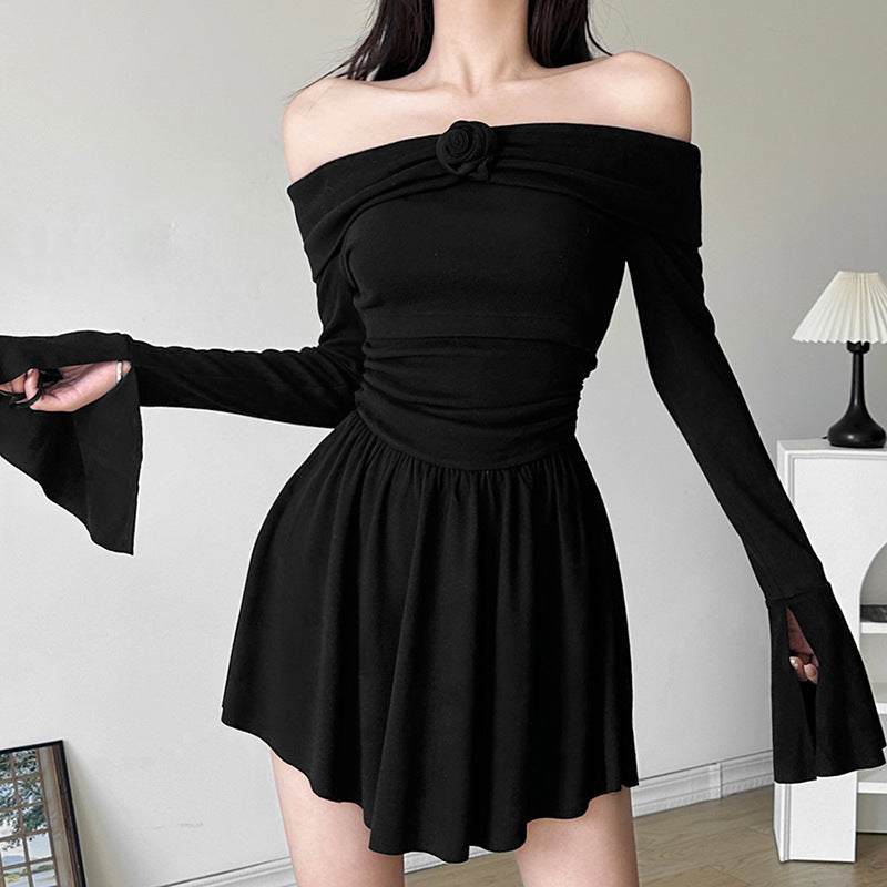 Black Off-Shoulder Bell Sleeve Ruffled Fit & Flare Mini Dress