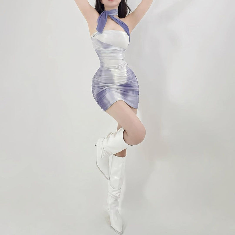 White & Blue Abstract Printed Bodycon Mini Dress