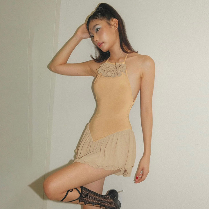 women Shoulder Straps Sleeveless Ruffled A-Line Dress