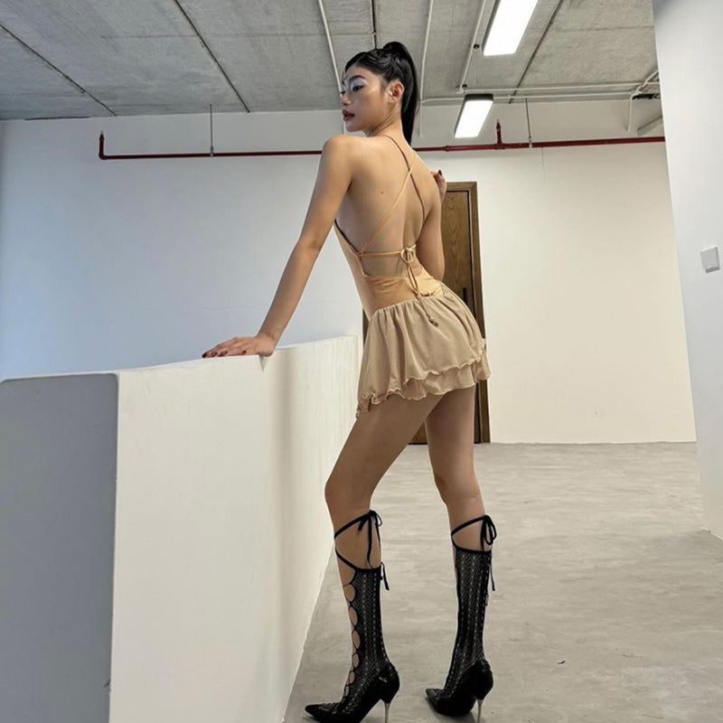 women Shoulder Straps Sleeveless Ruffled A-Line Dress