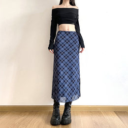 Blue Checked Straight Midi Skirt