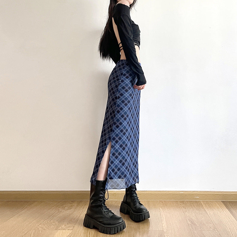 Blue Checked Straight Midi Skirt