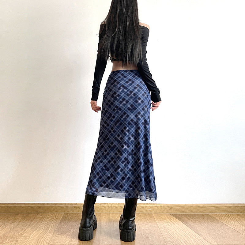 Blue Checked Straight Midi Skirt