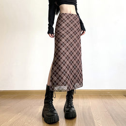 Brown Checked Midi Straight Skirt