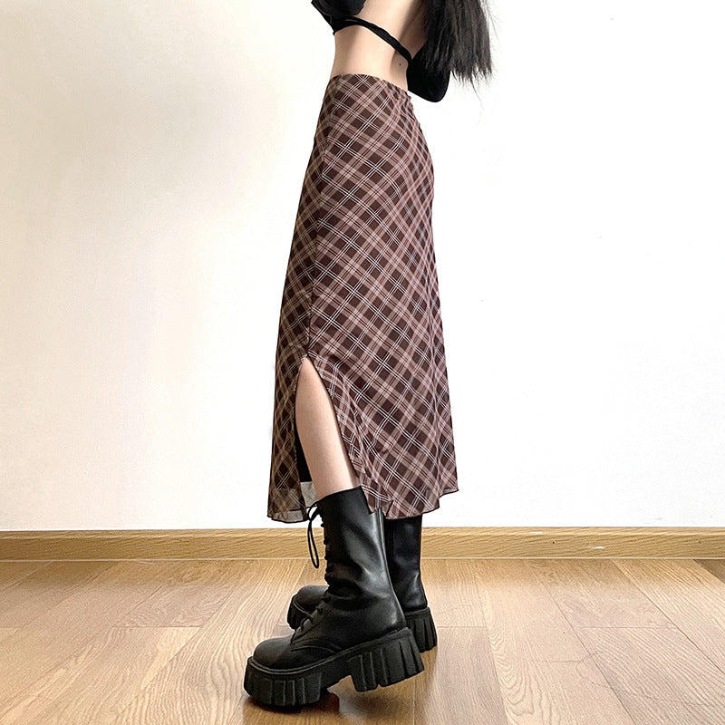 Brown Checked Midi Straight Skirt