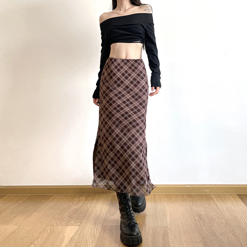 Brown Checked Midi Straight Skirt