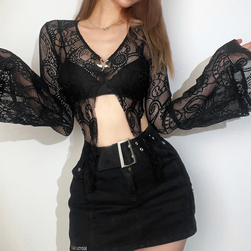 Women Self Design Sheer V-Neck Polyester Top