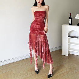 Red Floral Strapless Maxi Dress