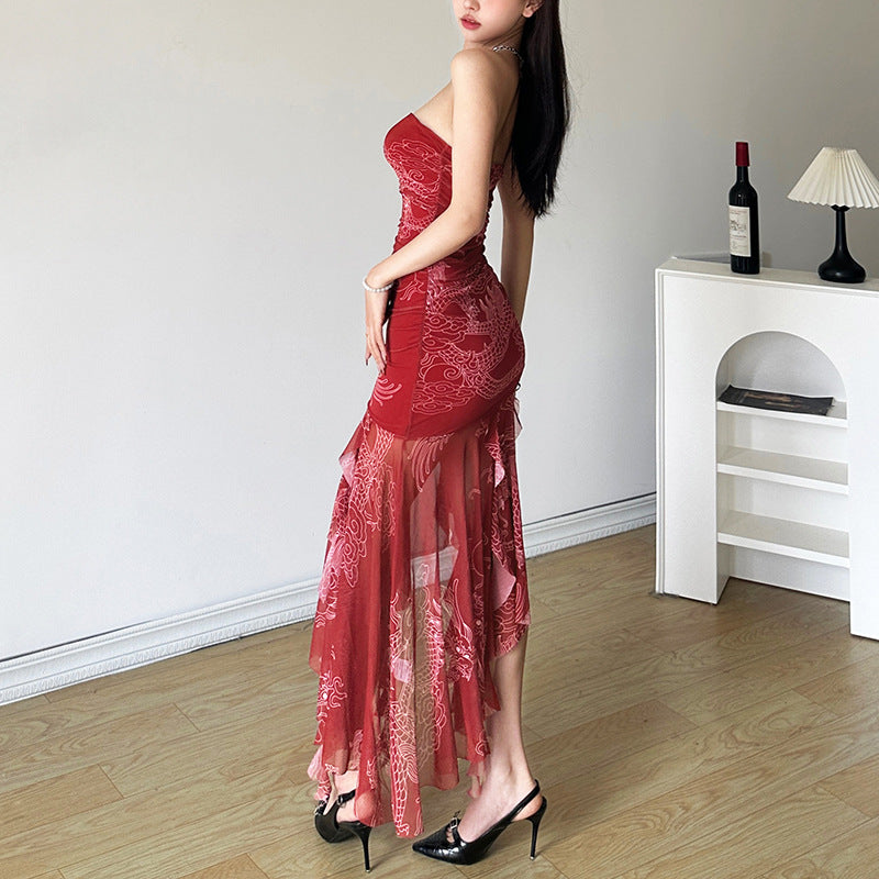 Red Floral Strapless Maxi Dress