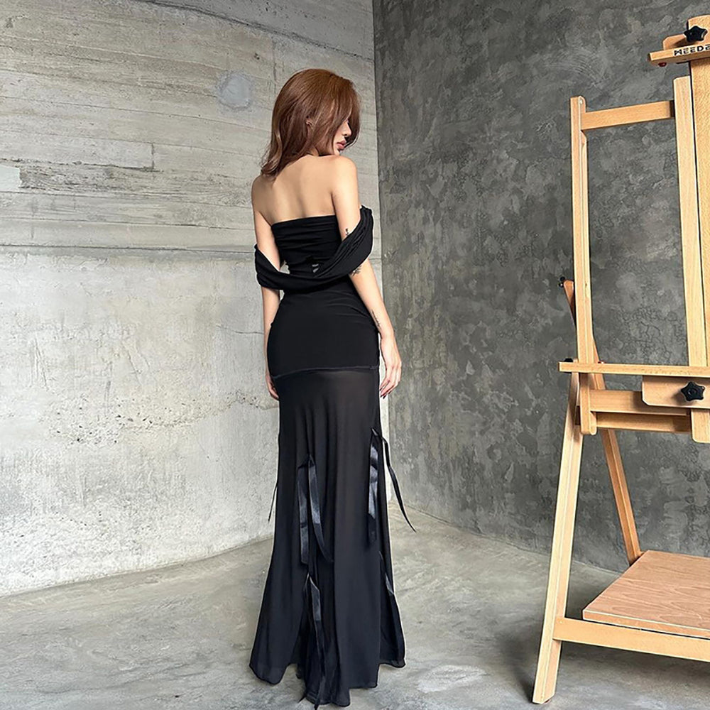 Off-Shoulder Net Fit & Flare Maxi Dress