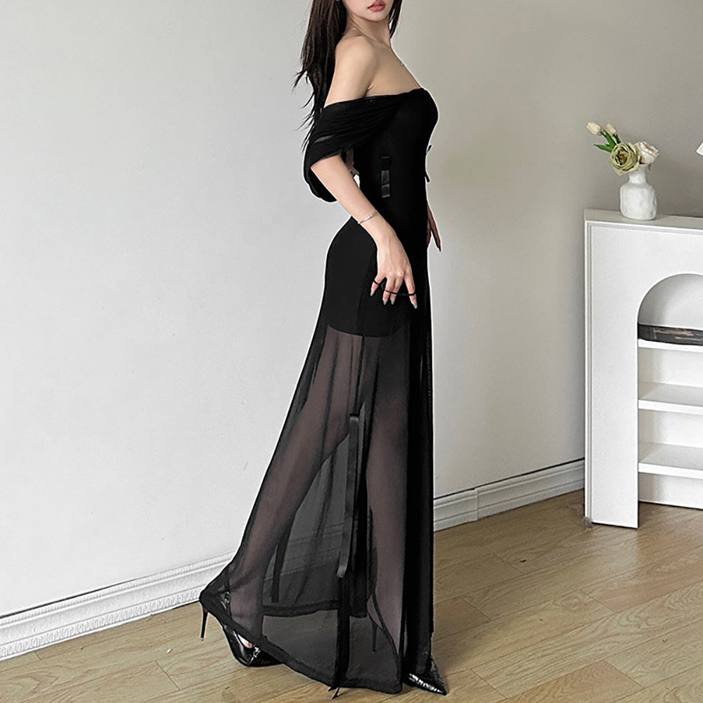 Off-Shoulder Net Fit & Flare Maxi Dress