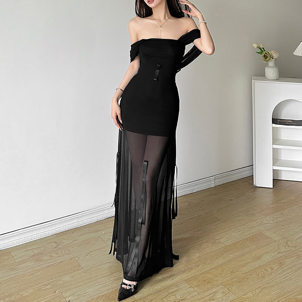 Off-Shoulder Net Fit & Flare Maxi Dress