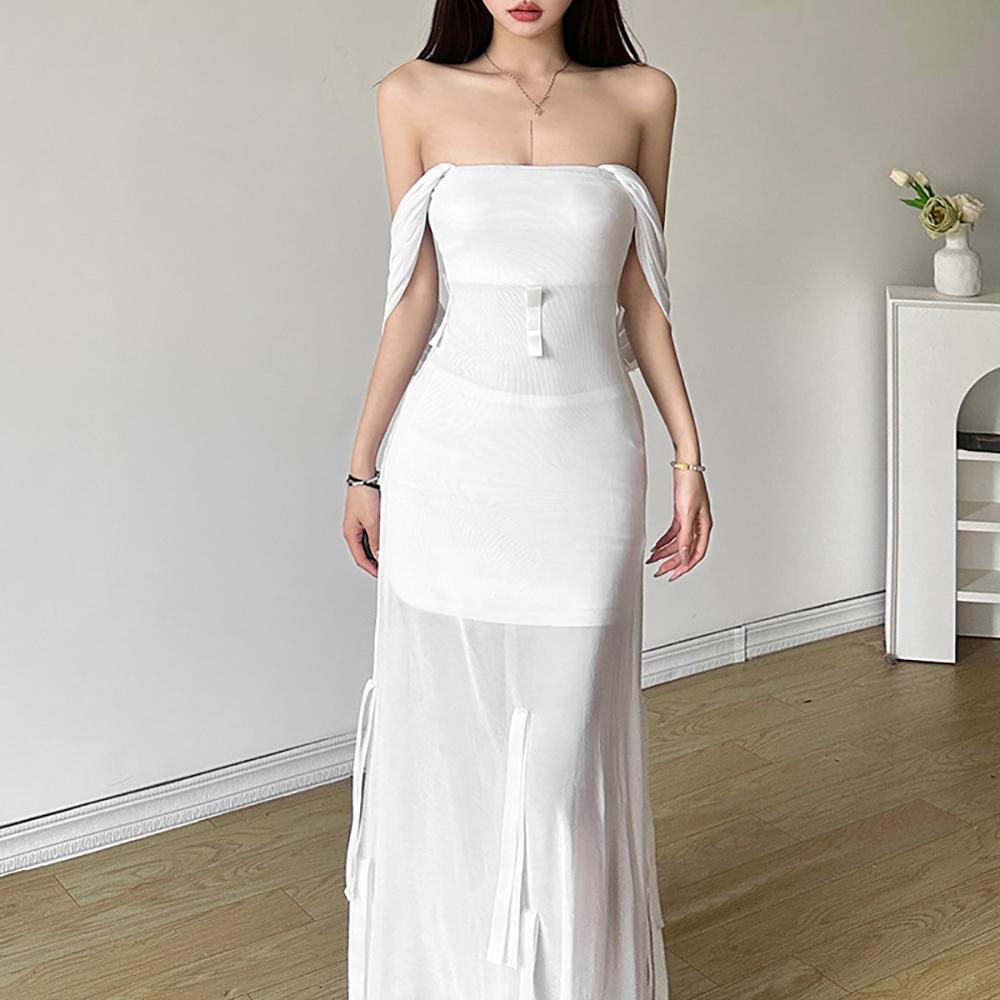 Off-Shoulder Net Fit & Flare Maxi Dress