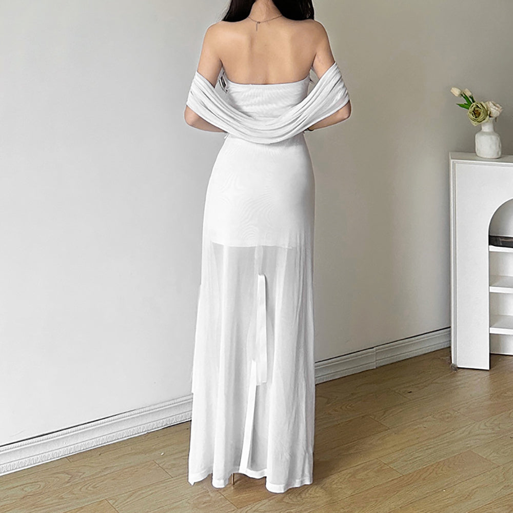 Off-Shoulder Net Fit & Flare Maxi Dress