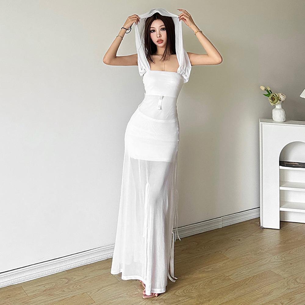 Off-Shoulder Net Fit & Flare Maxi Dress
