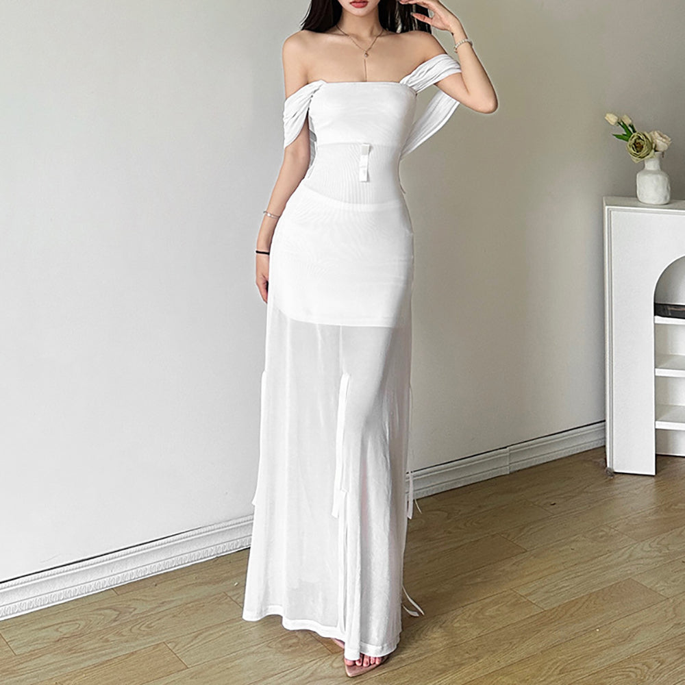 Off-Shoulder Net Fit & Flare Maxi Dress