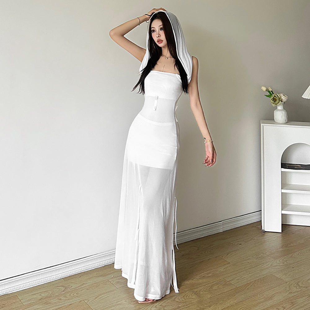 Off-Shoulder Net Fit & Flare Maxi Dress