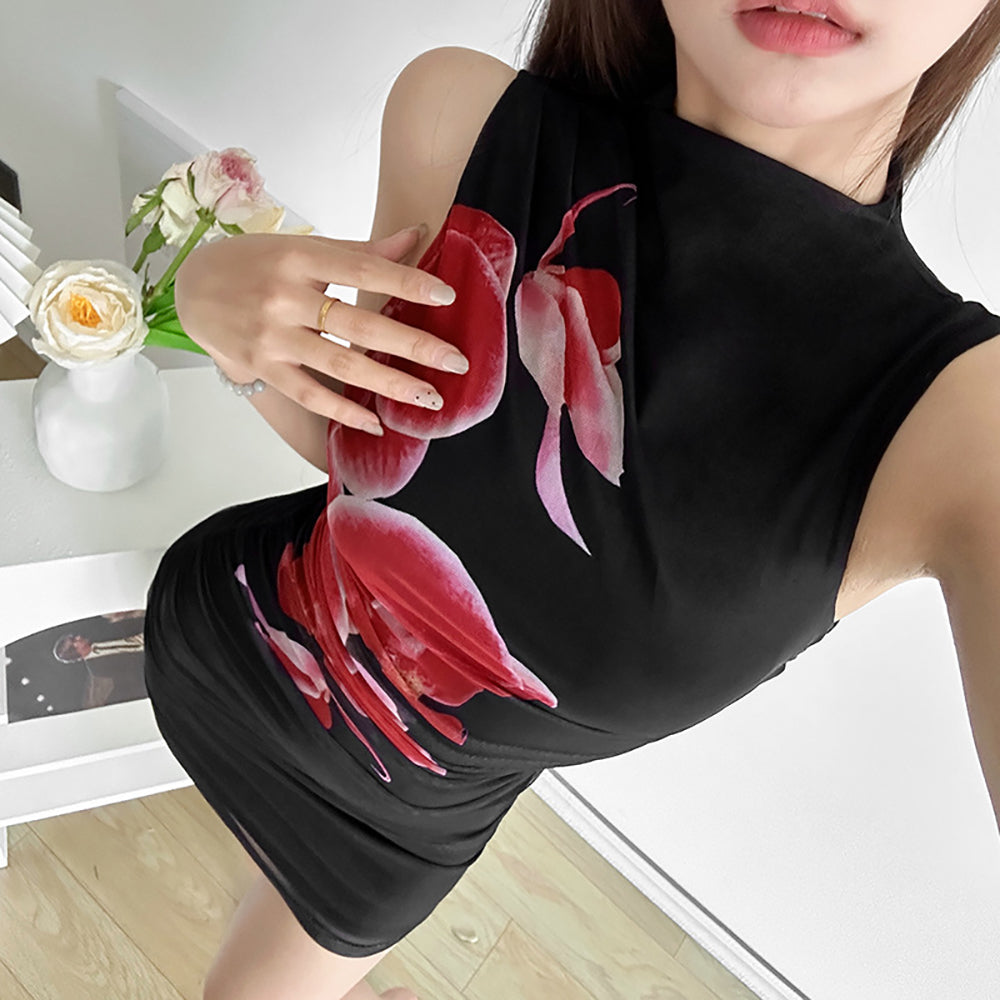 Floral Printed Boat Neck Bodycon Mini Dress
