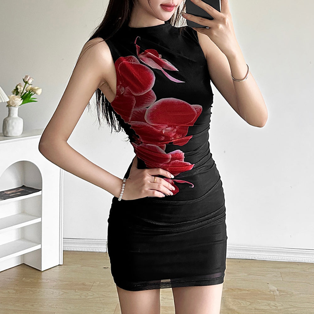 Floral Printed Boat Neck Bodycon Mini Dress