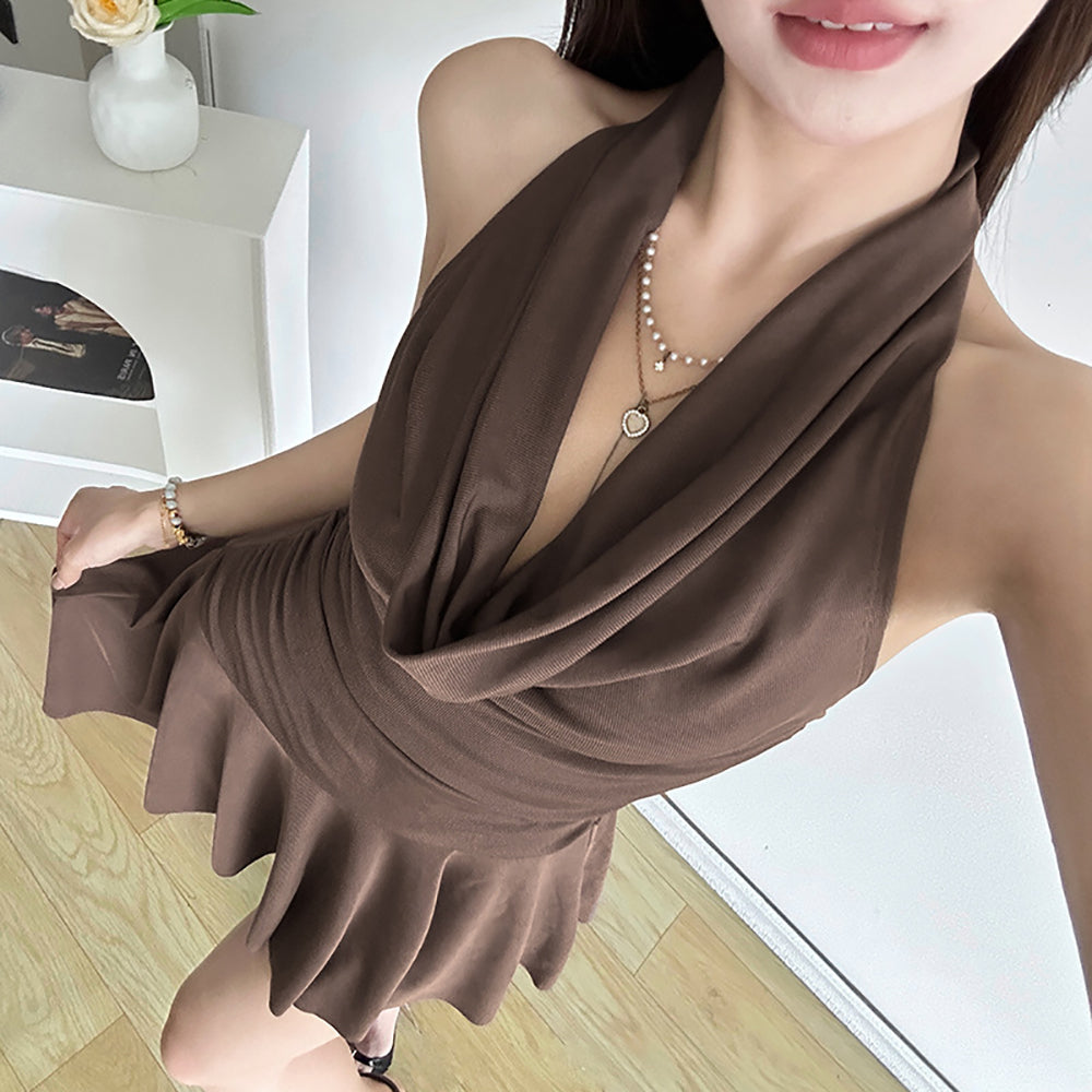 Women Solid Cowl Neck Fit and Flare Mini Brown Dress