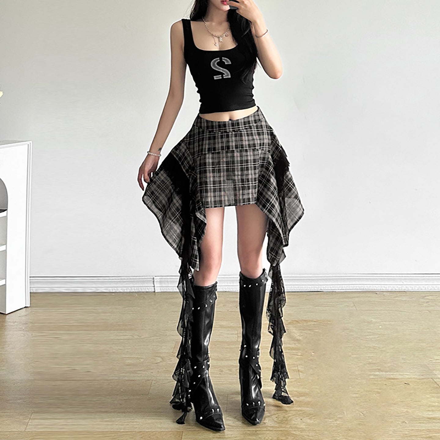 Checked Peplum Mini Skirt