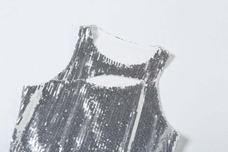Silver Toned Embellished Cut Out Fitted Crop Top