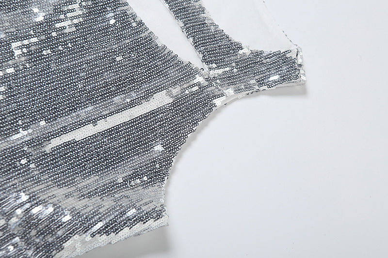 Silver Toned Embellished Cut Out Fitted Crop Top