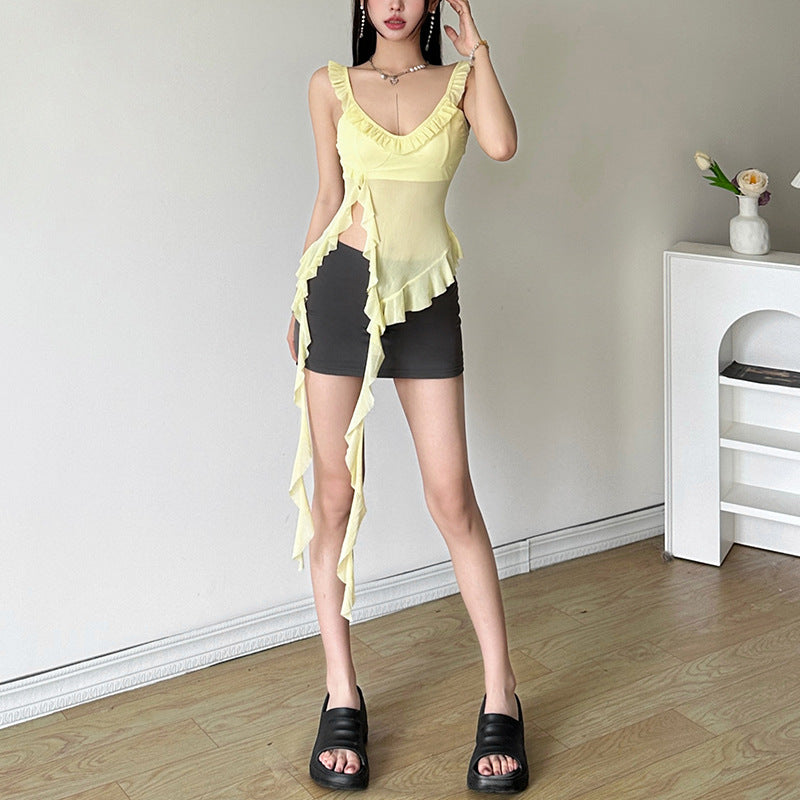 V-Neck Solid Ruffles Top