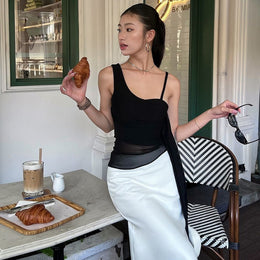 Women Solid Shoulder Straps Polyester Top