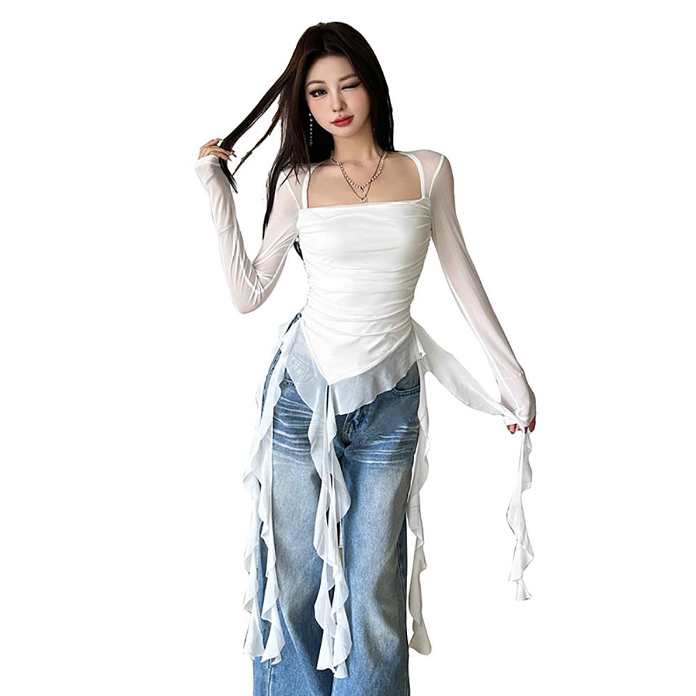 Women Ruffles Square Neck Long Sleeves Top
