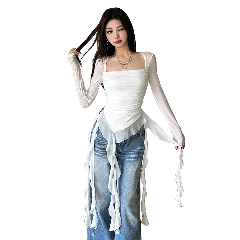 Women Ruffles Square Neck Long Sleeves Top