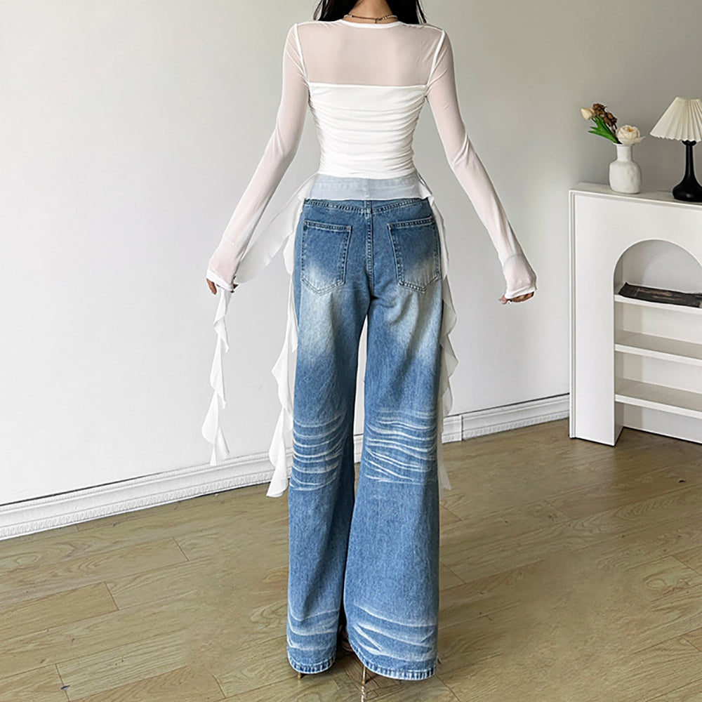 Women Ruffles Square Neck Long Sleeves Top