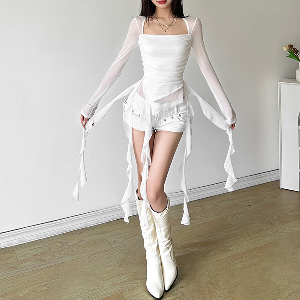 Women Ruffles Square Neck Long Sleeves Top