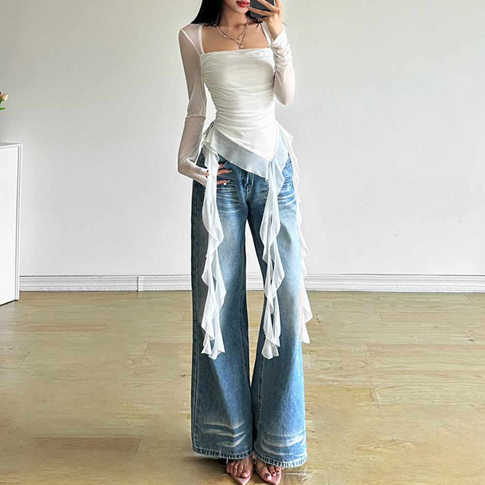 Women Ruffles Square Neck Long Sleeves Top