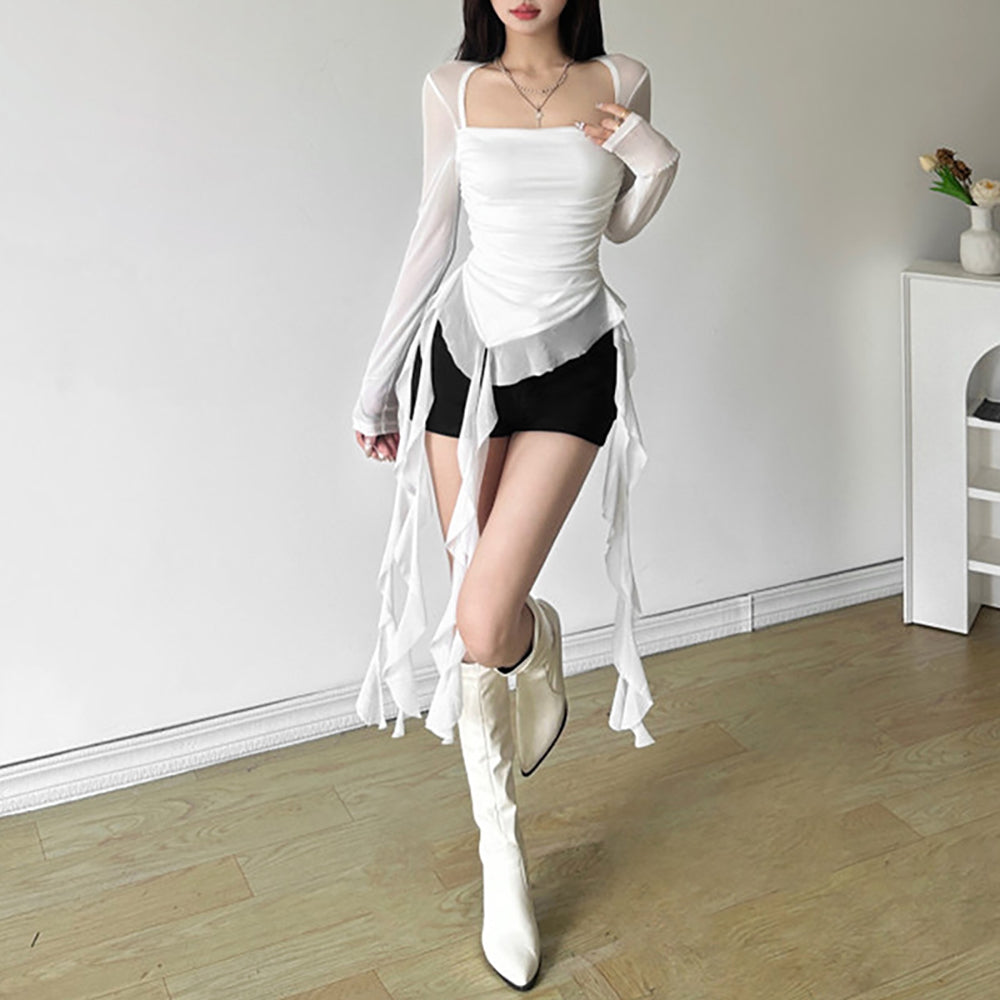 Women Ruffles Square Neck Long Sleeves Top